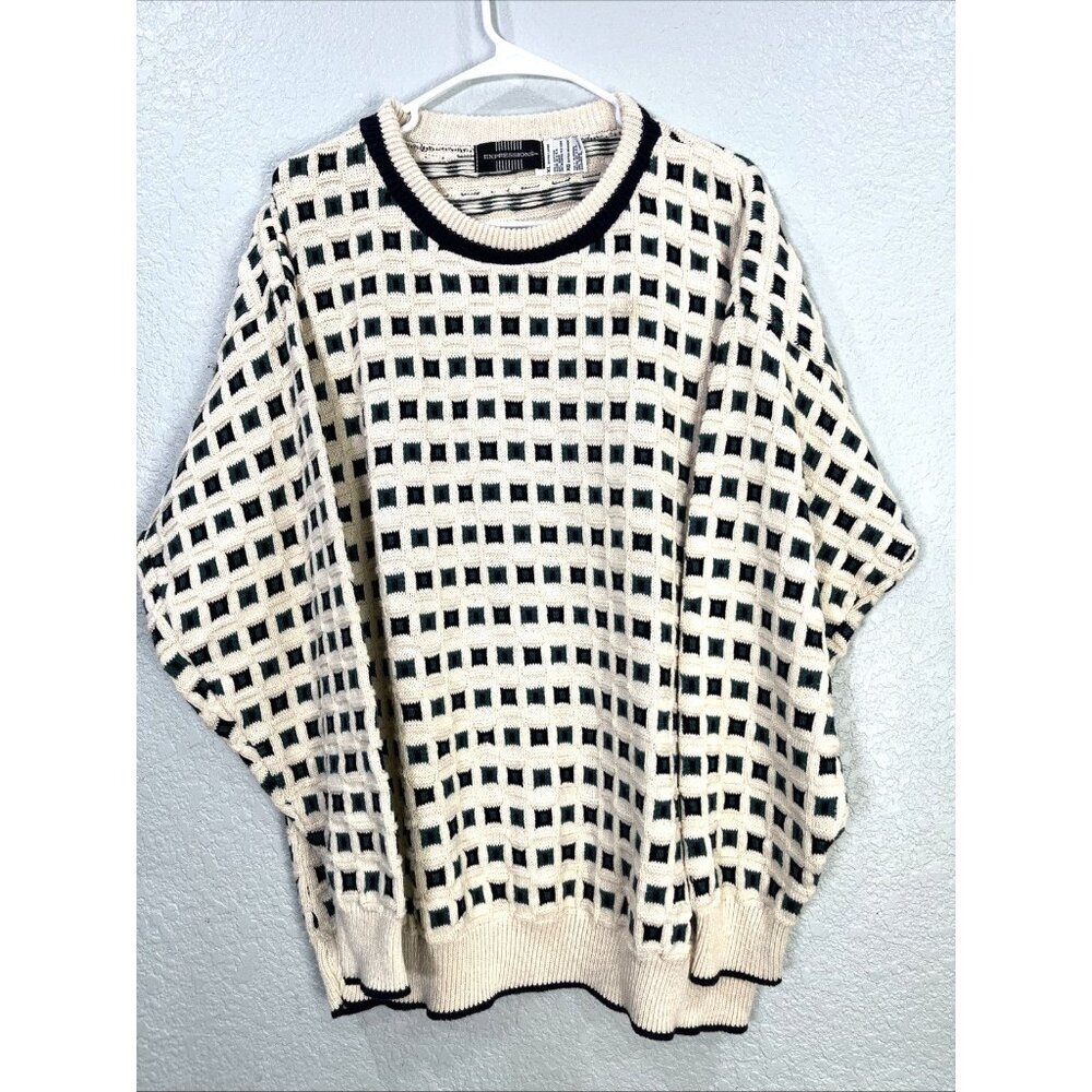 Expressions Sweater Mens XL Cream Green Vintage 3D Knit Waffle Grid Cotton Retro